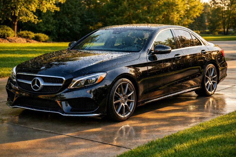 close-up of a high-end vehicle's glossy paint finish glistening in sunlight after detailing