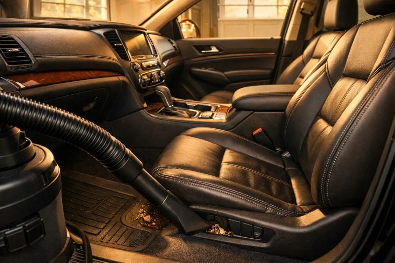 Professional detailer cleaning the interior of a car with seats and dashboard visible