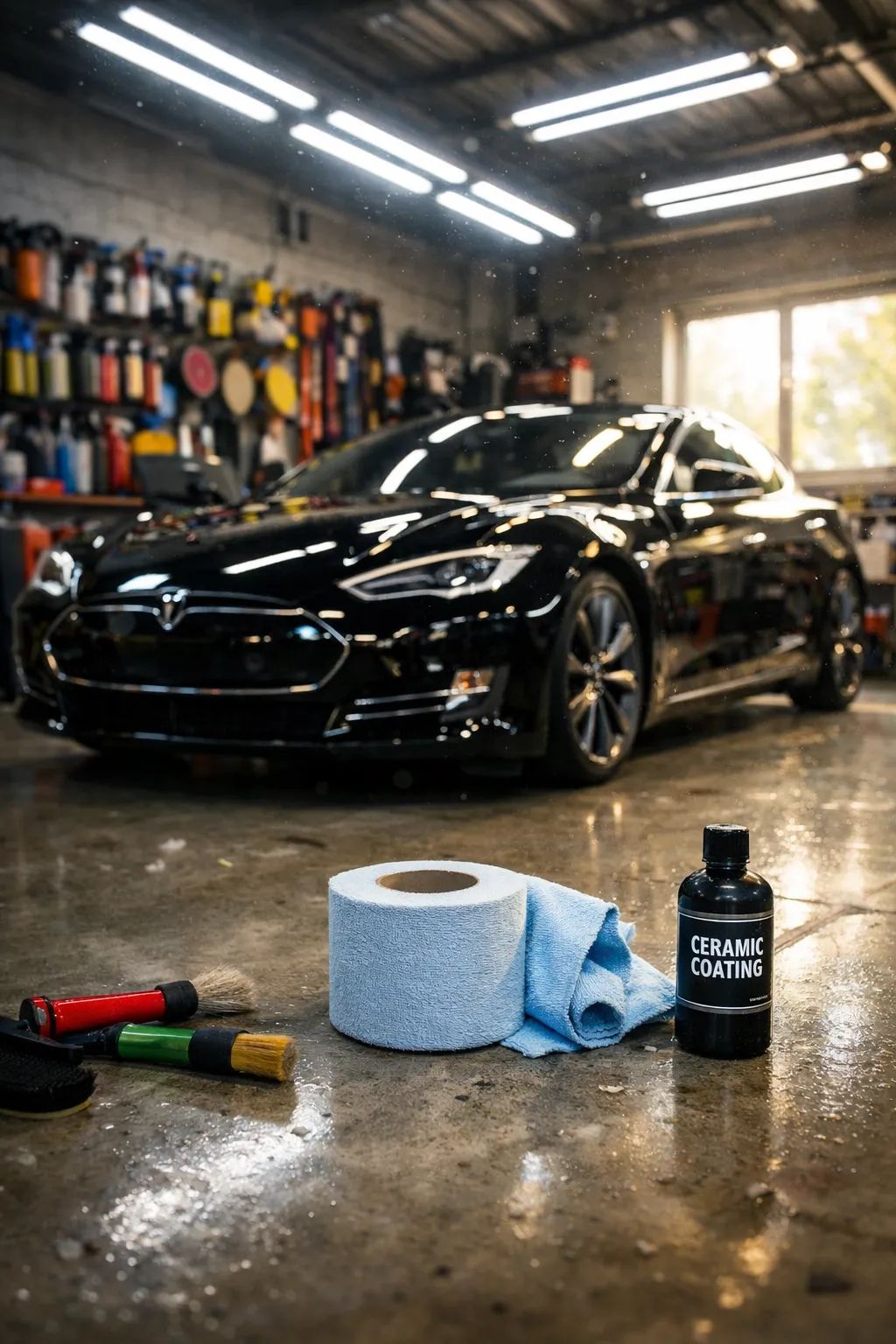 Professionally detailed black car receiving a polished finish in Hackensack