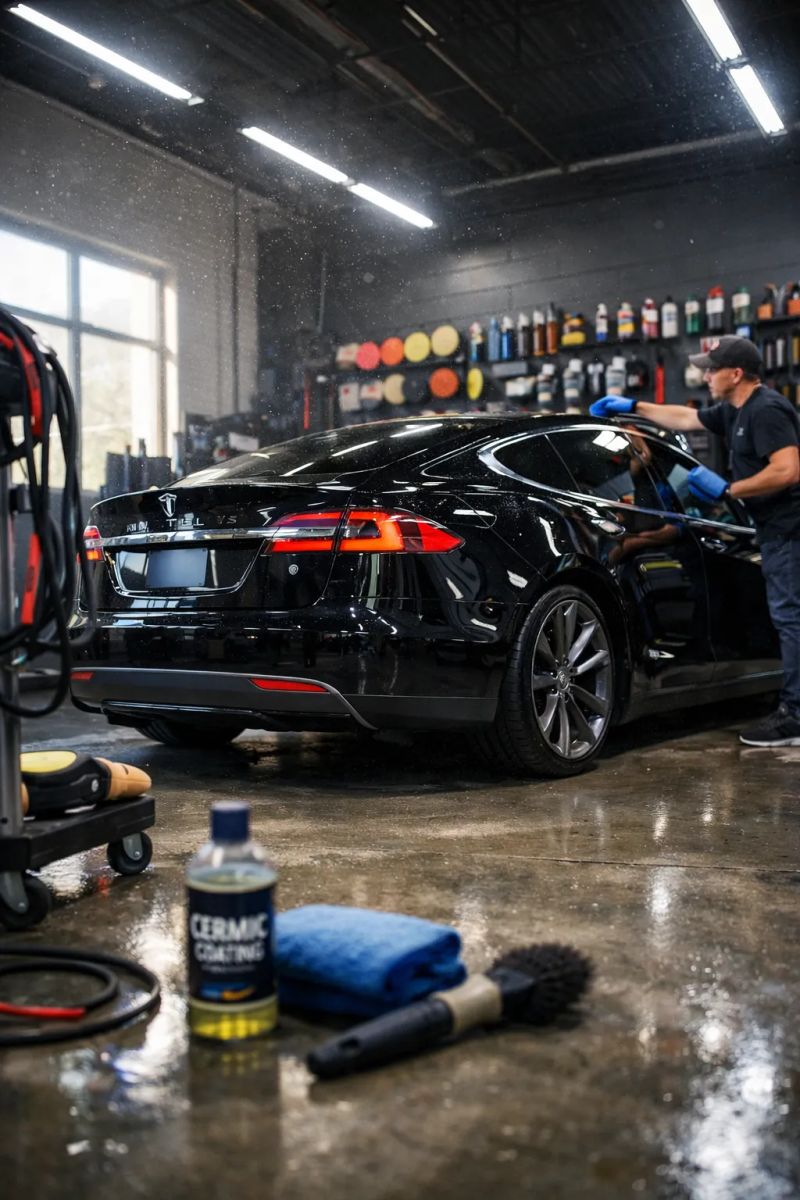 Detailer using an upholstery extractor to remove a stain from a beige vehicle seat
